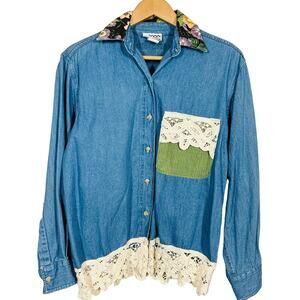 Vintage Country Pickins Chambray Lace Trim Top Button Up Shirt - L